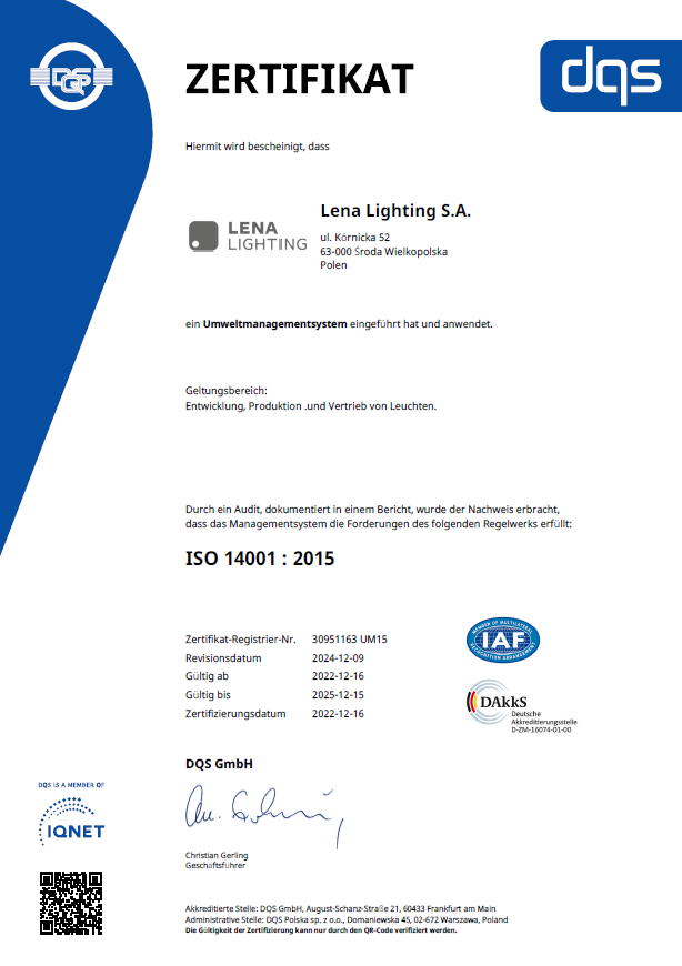 Lena Lighting- Zertifikat