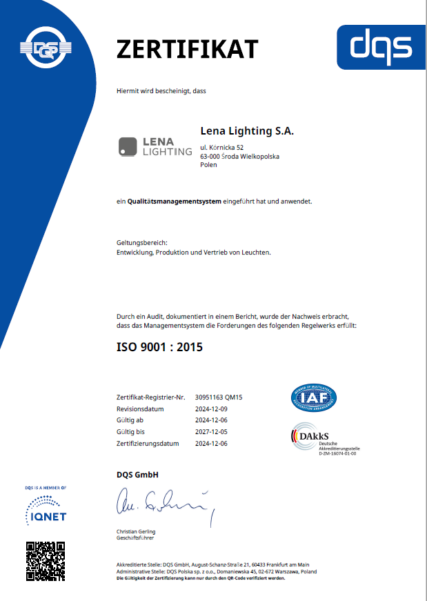 Lena Lighting- Zertifikat