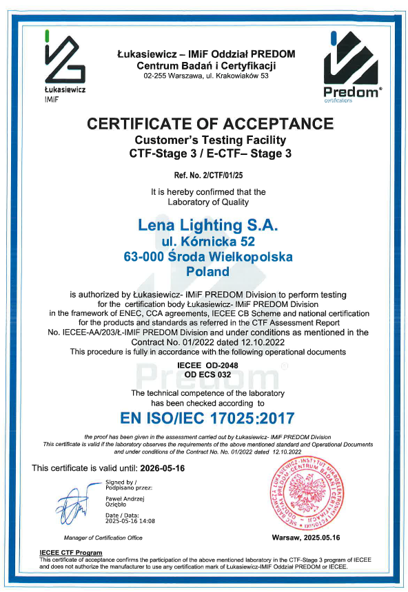 Lena Lighting- Zertifikat