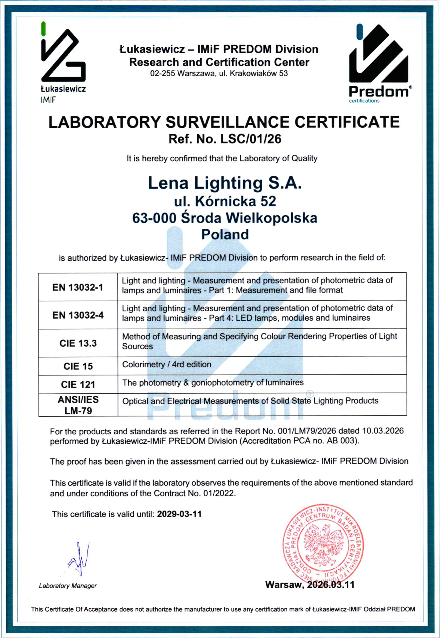 Lena Lighting- Zertifikat