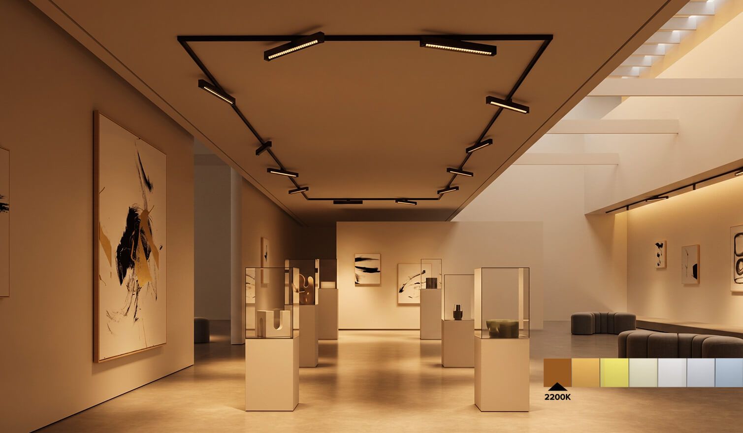 Ein Museum mit einem langen Korridor und Gemälden, beleuchtet mit warmem Licht (2200 K), das eine entspannte Atmosphäre schafft