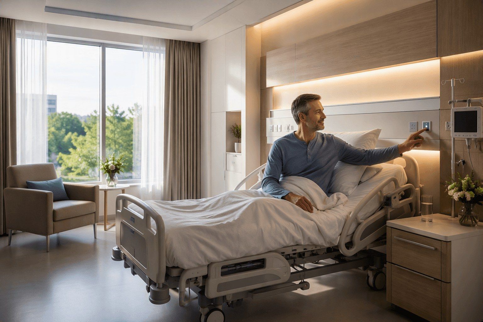 Pacjent sterujący oświetleniem przy łóżku w nowoczesnej sali szpitalnej zaprojektowanej z myślą o komforcie i doświadczeniach pacjenta Lumedic