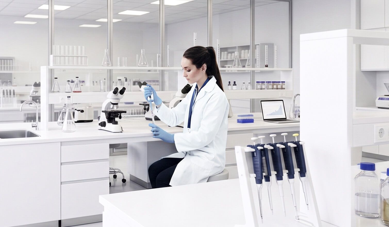 Eine Laborantin in weißem Kittel, konzentriert bei der Arbeit am Mikroskop in einem hellen, professionell beleuchteten Labor | Lumedic