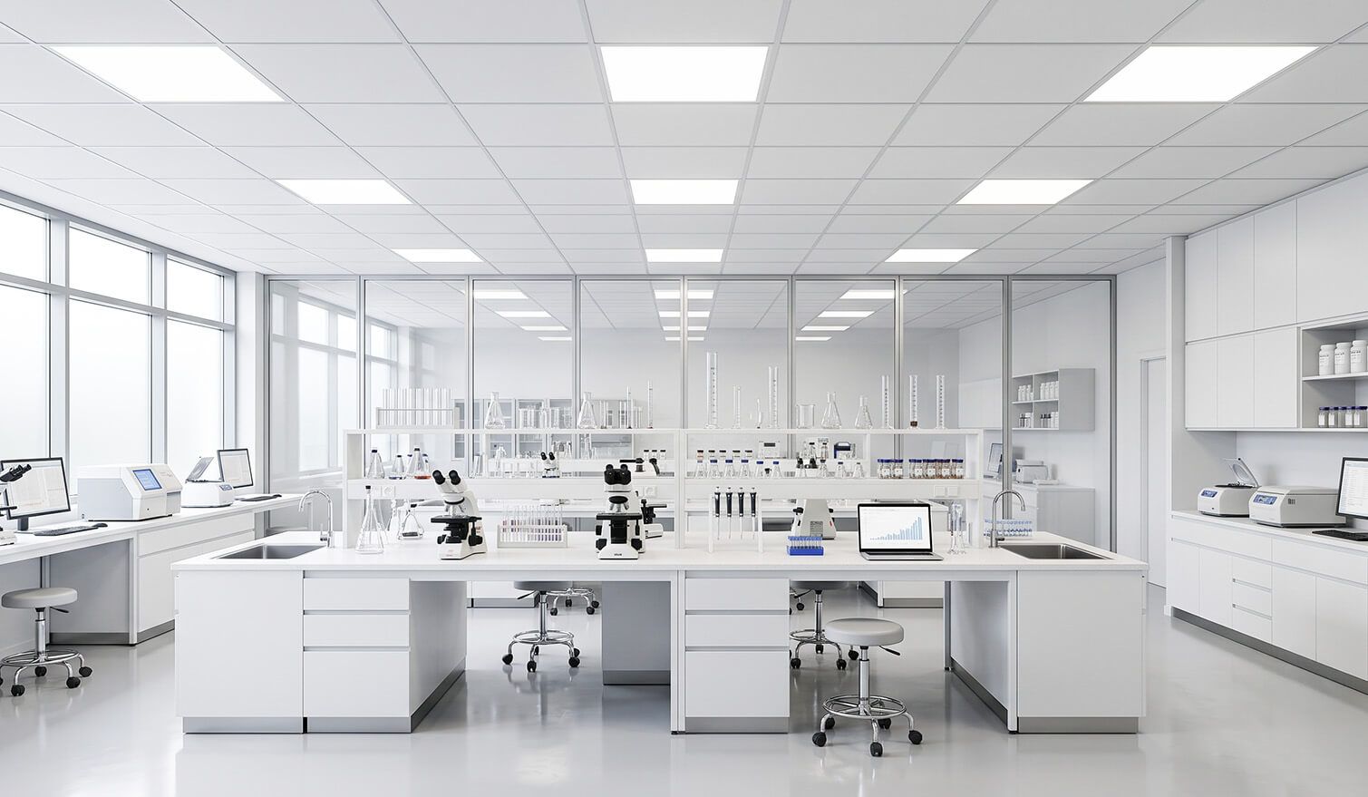 Ein Labor mit weißen Schreibtischen und Computern, gut beleuchtet, ideal für präzise Analysen und komfortables Arbeiten | Lumedic