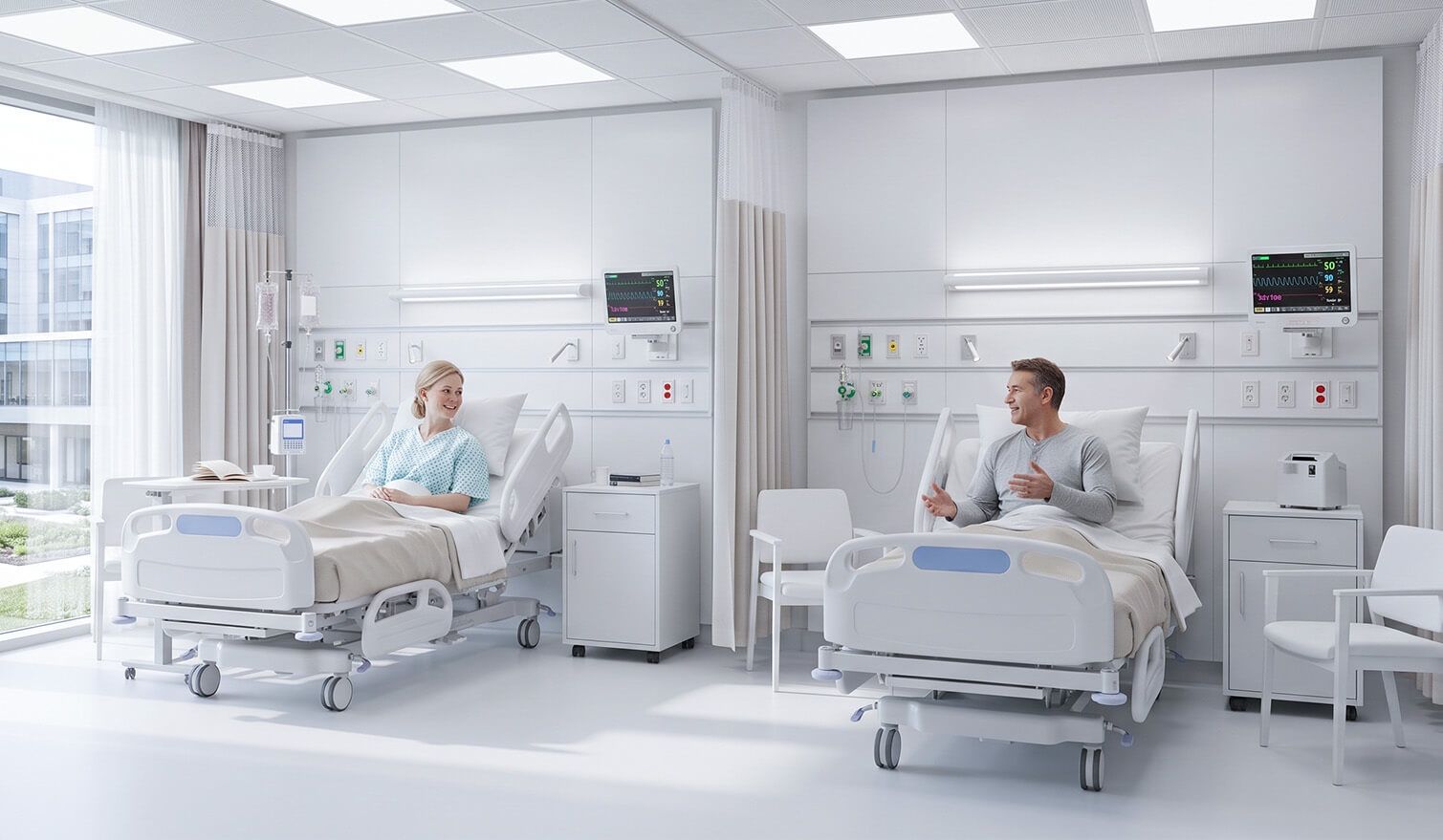 Szpitalna sala z dwoma łóżkami, mężczyzna siedzi na jednym, przestrzeń dobrze oświetlona, stwarzająca komfortową atmosferę | Lumedic