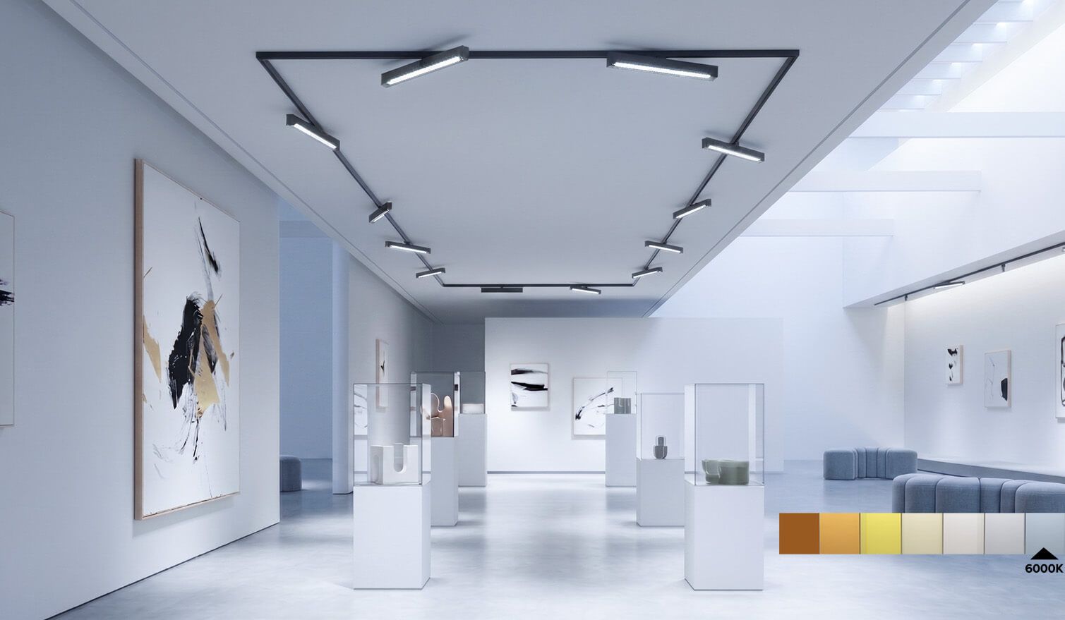 Ein geräumiger Saal mit weißen Wänden, geschmückt mit zahlreichen Kunstwerken, der Kreativität und Besinnung fördert
