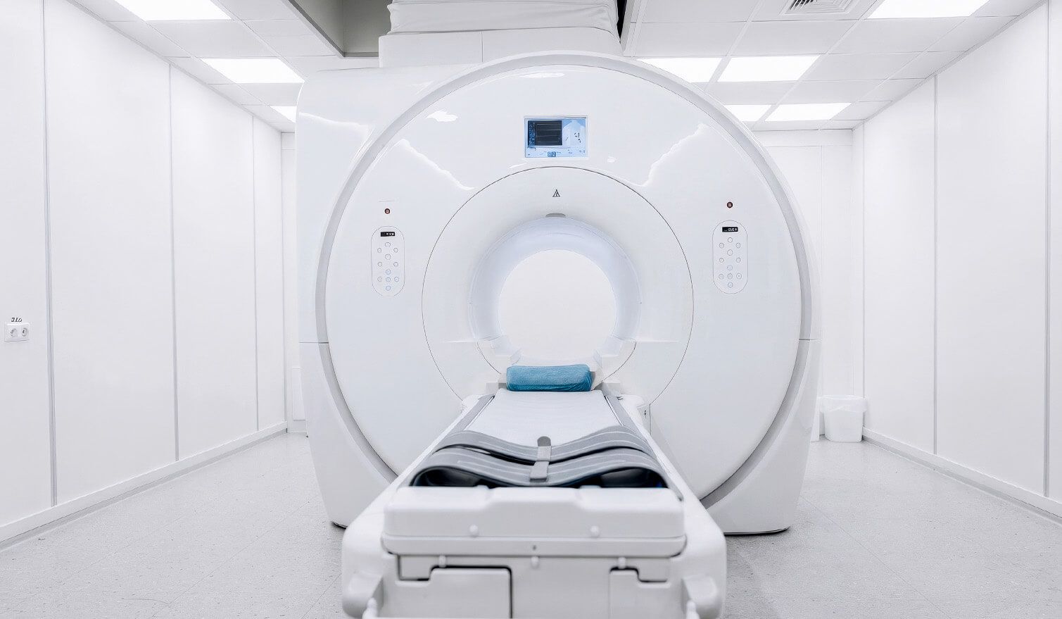 Ein weißer Raum mit einem MRT-Gerät, der gut beleuchtet ist und eine ruhige Atmosphäre für Patienten und medizinisches Personal schafft