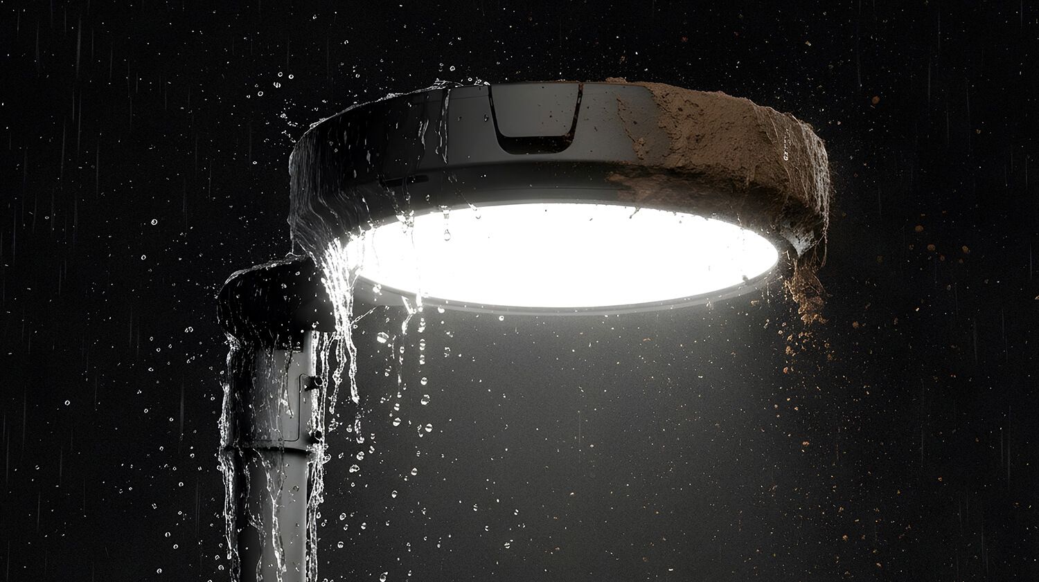 Die Straßenleuchte Skver LED S (Z1 MF) mit Wasser auf der Oberfläche, die die Herausforderungen beim Schutz der Infrastruktur unter schwierigen Bedingungen symbolisiert.