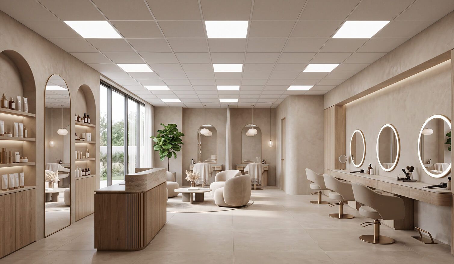 Kosmetiksalon mit einem großzügigen Spiegel und eleganten Behandlungsstühlen, der Komfort und eine hervorragende Beleuchtung für Behandlungen bietet | Lumedic