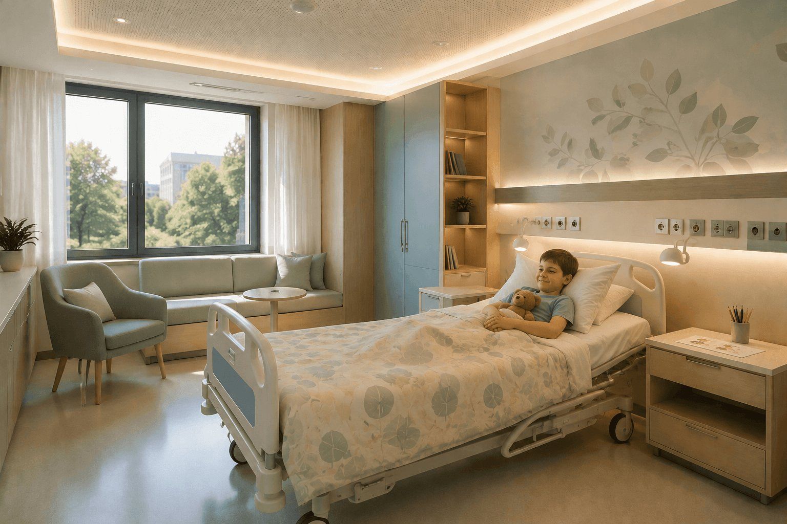 Ein modernes Kinderzimmer mit warmer LED-Beleuchtung, einem Fenster mit Blick ins Grüne und einem Ruhebereich, der das Wohlbefinden des Kindes während der Genesung fördert | Lumedic