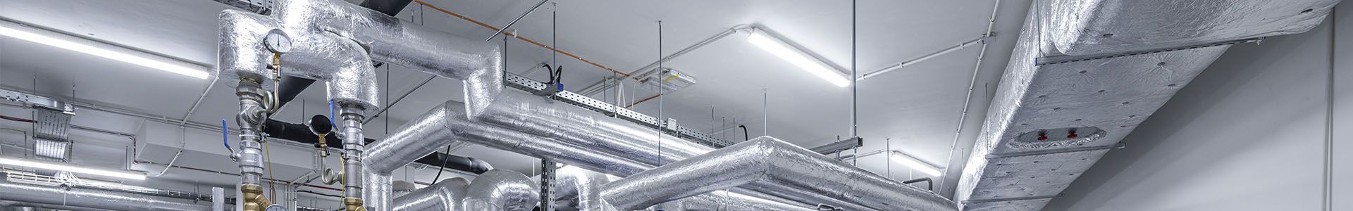 Eine geräumige Halle mit zahlreichen Rohren und Kabeln, die ein Beleuchtungssystem in der Pharmabranche zeigt 